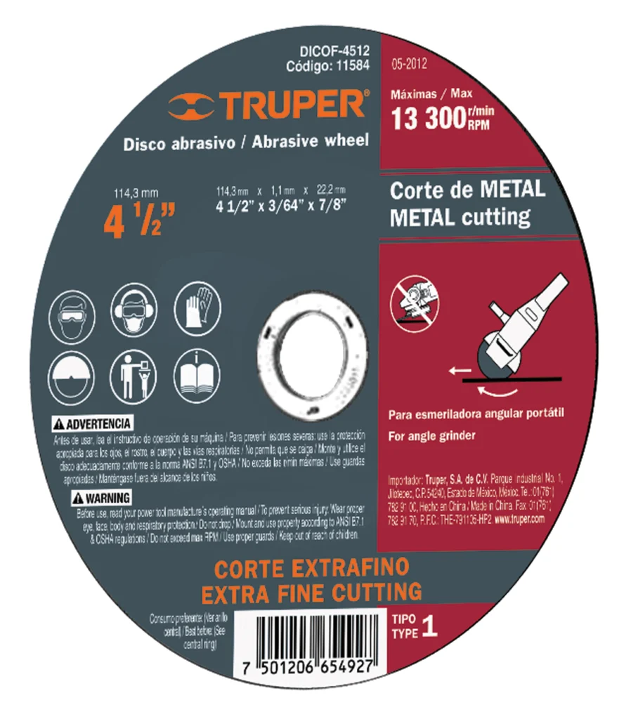 Disco corte Acero 115x1,6x22.2mm "TRUPER"DICOF-4516 T41