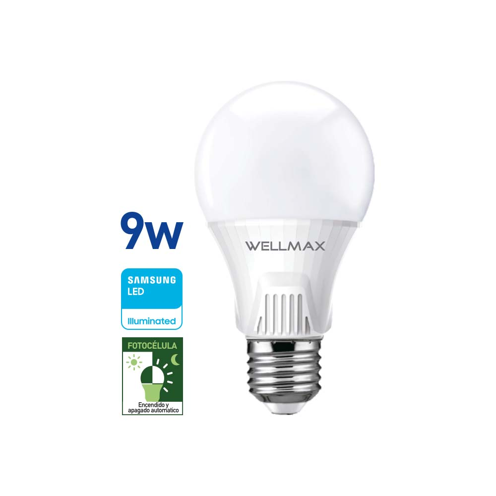 Lámpara LED c/Fotocélula 9W(equi 75w)A60-E27 Fría"WELLMAX"