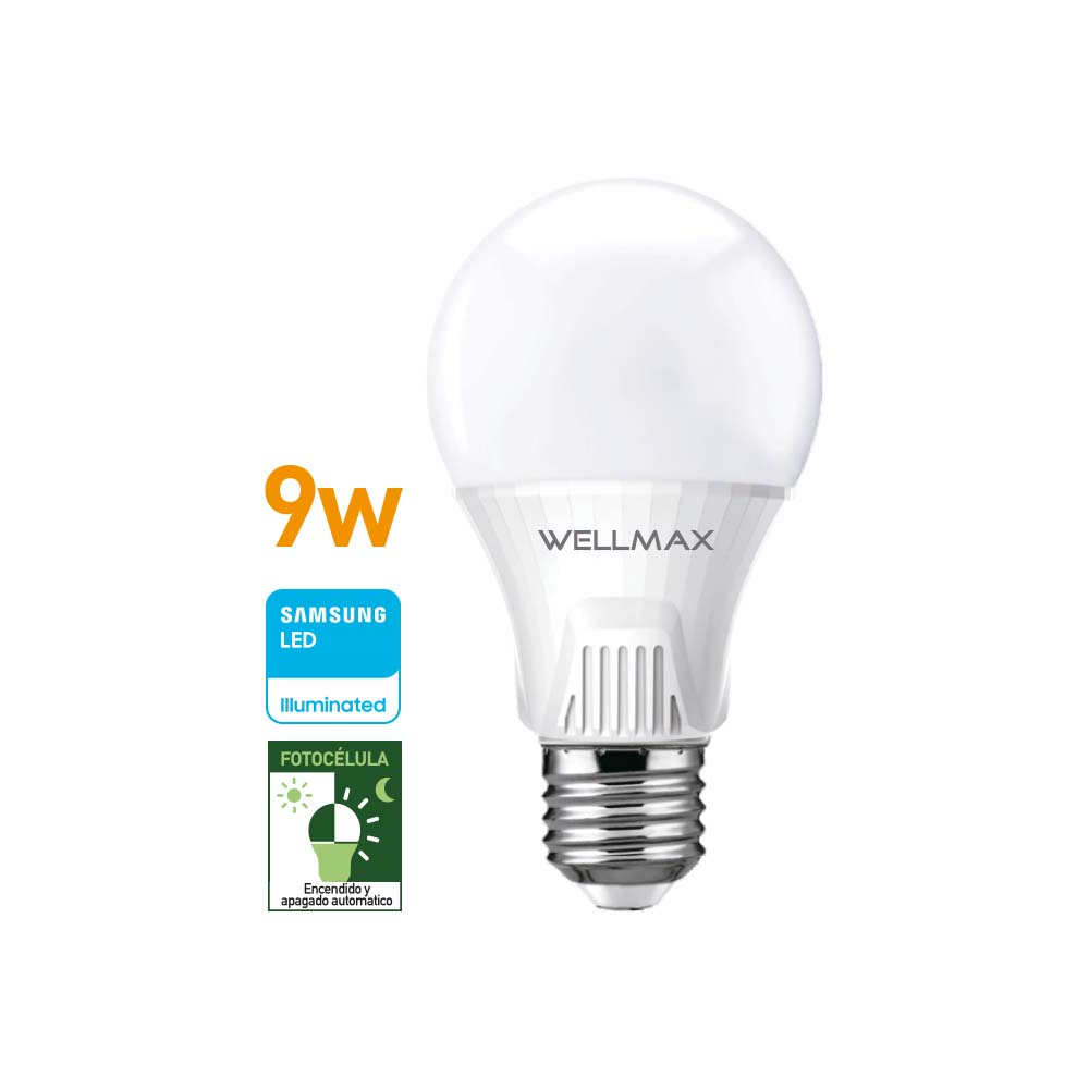 Lámpara LED c/Fotocélula 9W(equi 75w)A60-E27 Calida"WELLMAX"